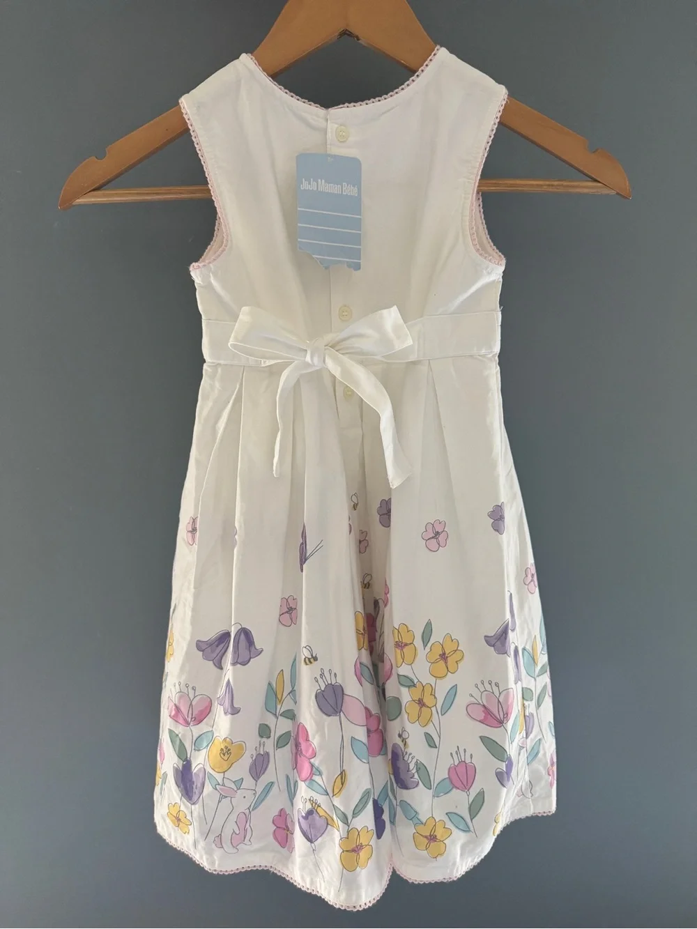 JoJo Maman Bebe White Sundress with Pink, Purple & Yellow Floral Border